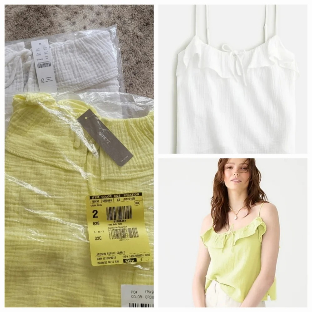 2 items NWT J. Crew rufflle cami top, XS, white & aloe